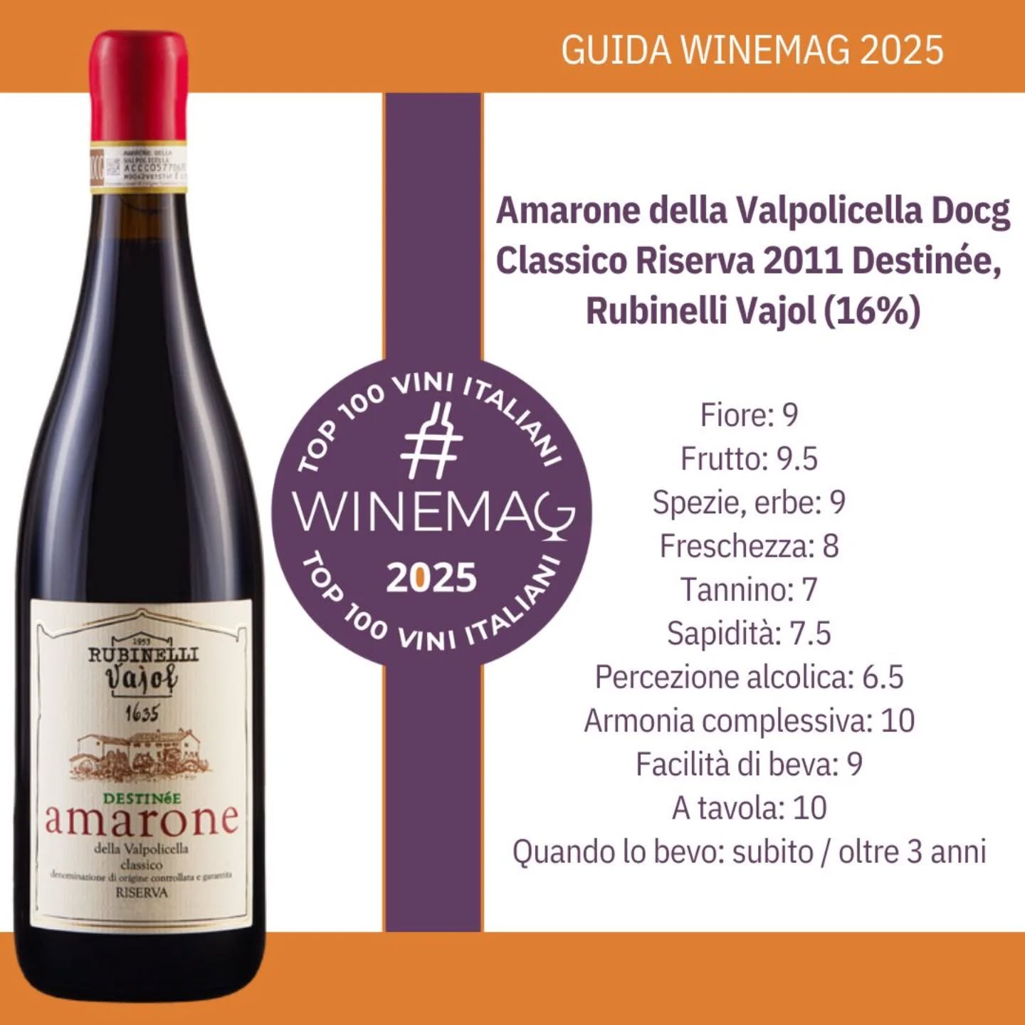 Amarone della Valpolicella Docg Classico Riserva 2011 Destinée, Rubinelli Vajol Guida Top 100 Migliori vini italiani 2025 di Winemag  