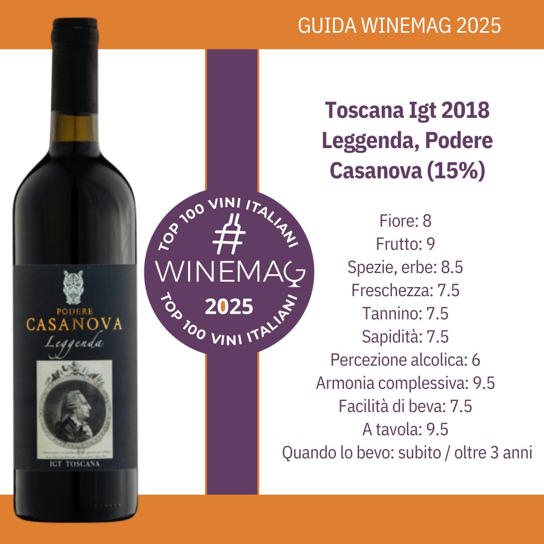 Dalla Guida Top 100 Migliori Vini italiani 2025 di Winemag Toscana Igt 2018 Leggenda, Podere Casanova (15%)