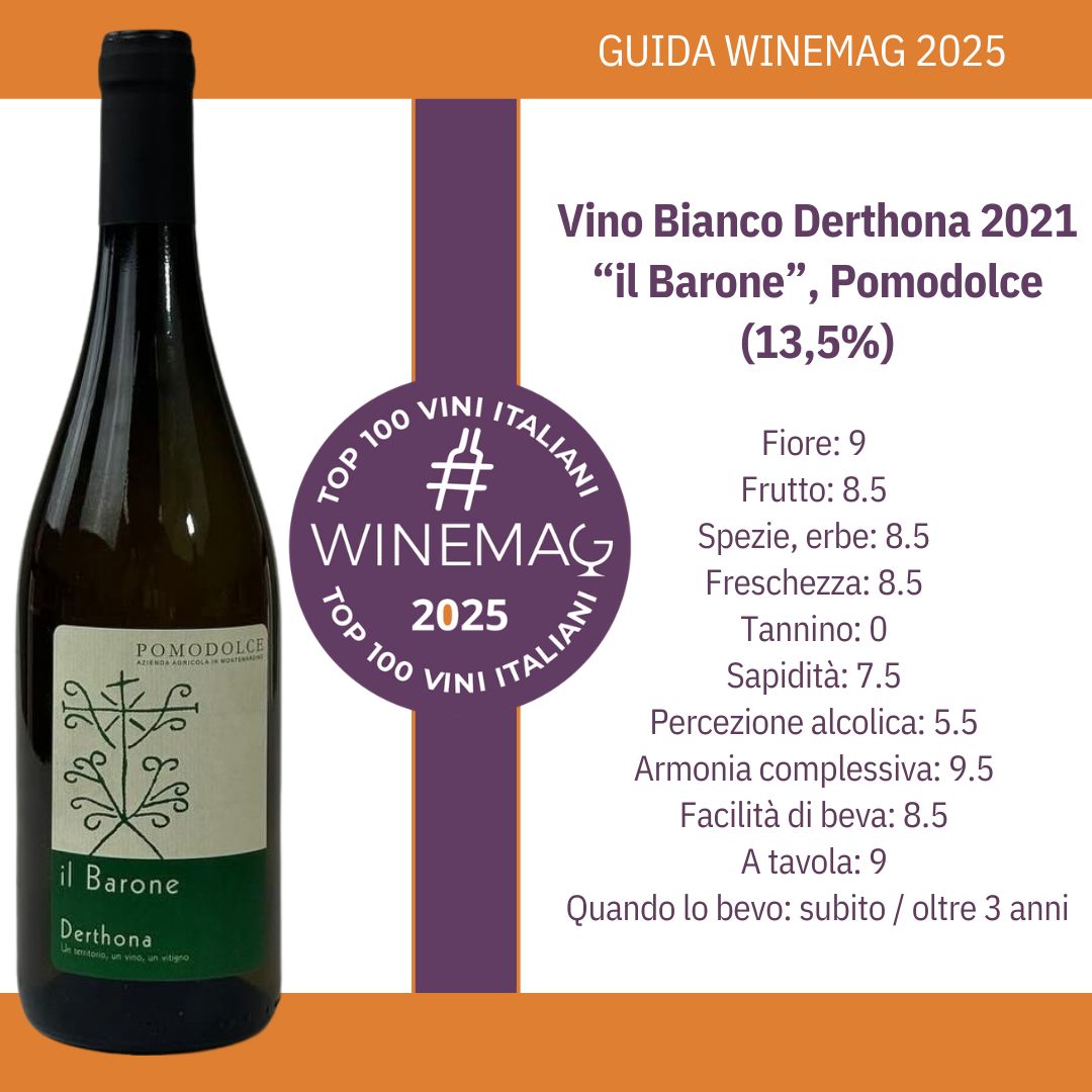 Dalla Guida Top 100 Migliori Vini italiani 2025 di Winemag Vino Bianco Derthona 2021 “il Barone”, Pomodolce (13,5%).