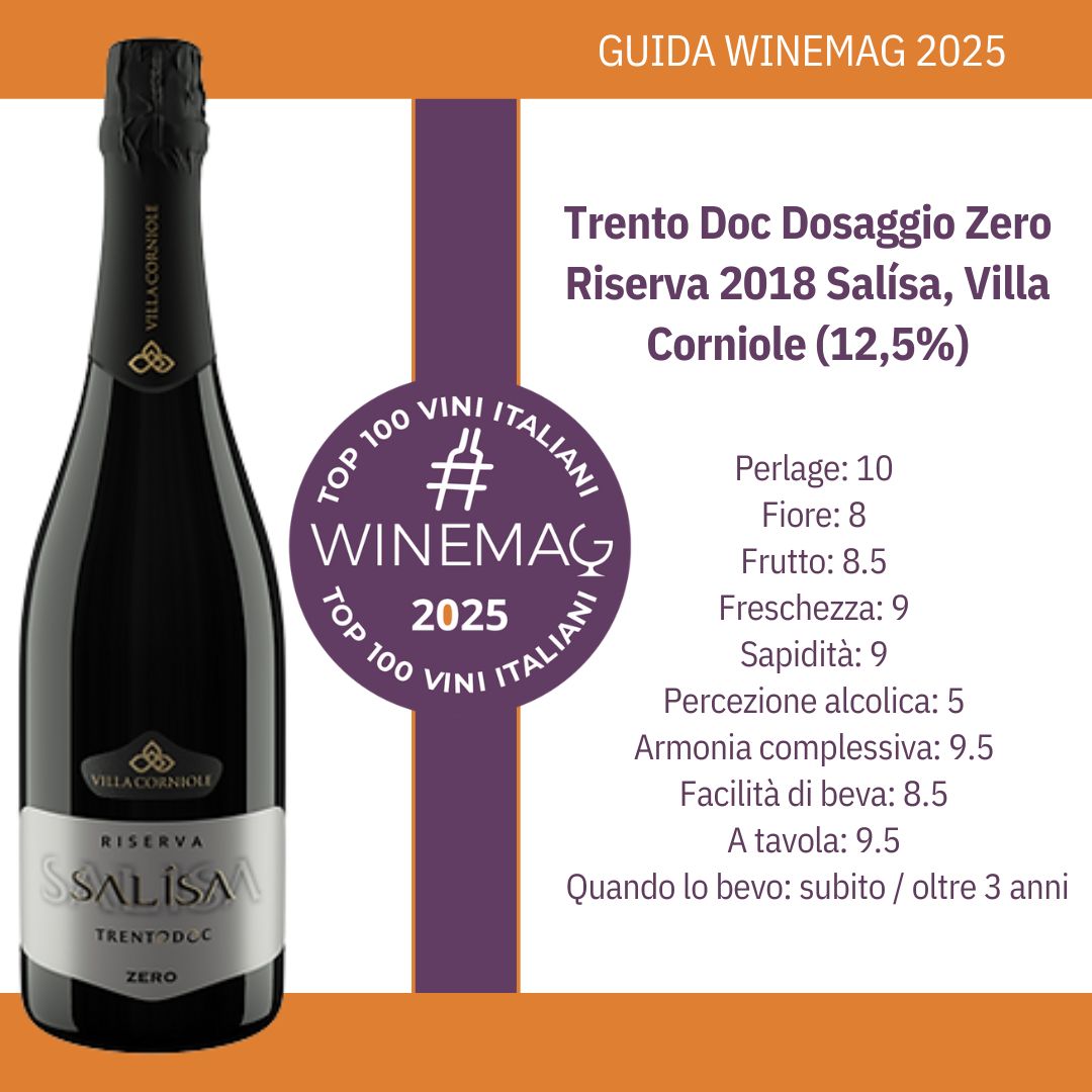 Trento Doc Dosaggio Zero Riserva Millesimato 2018 Salísa, Villa Corniole Dalla Guida Top 100 Migliori Vini italiani 2025 di Winemag