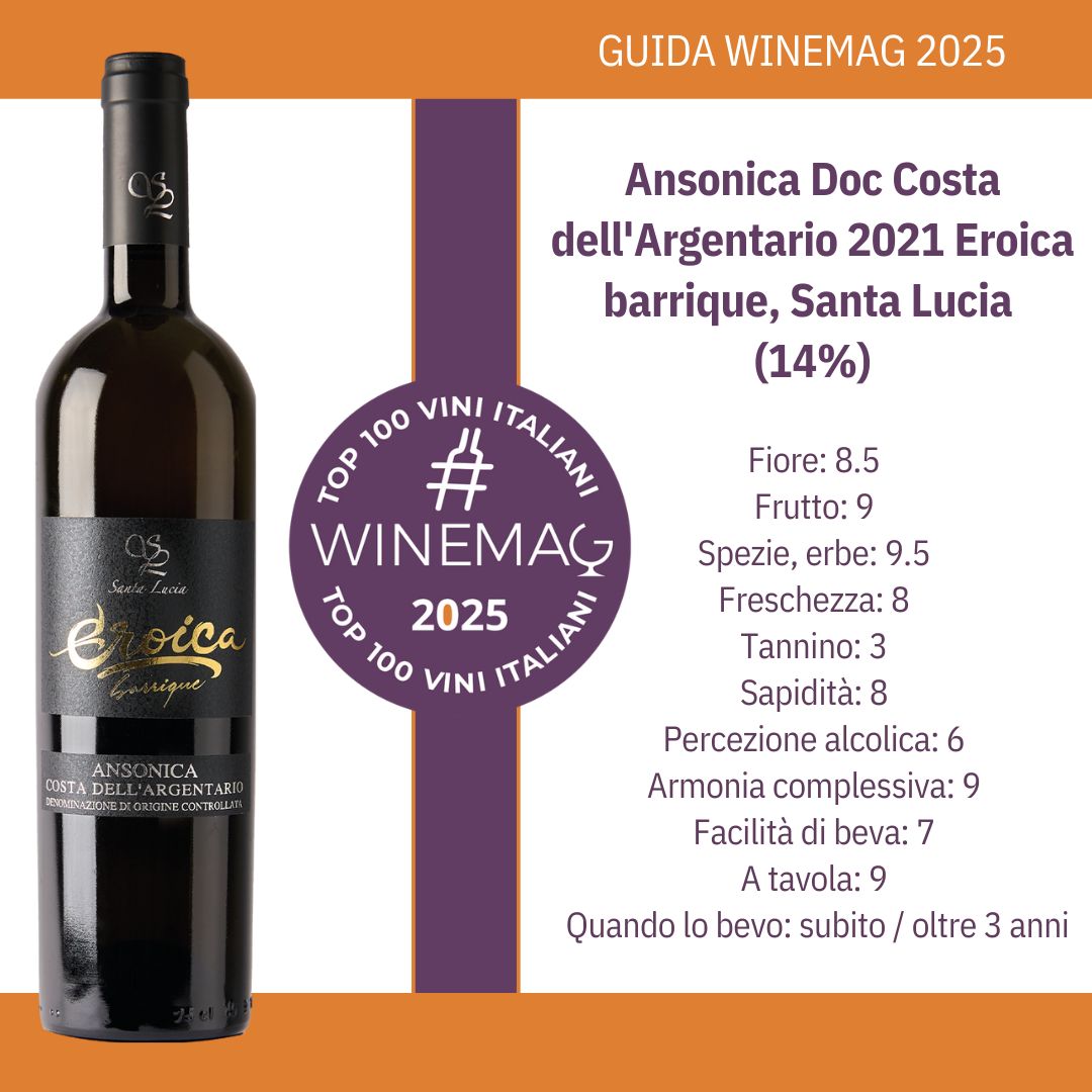 Ansonica Doc Costa dell'Argentario 2021 Eroica barrique, Santa Lucia guida top 100 migliori vini italiani winemag 2025