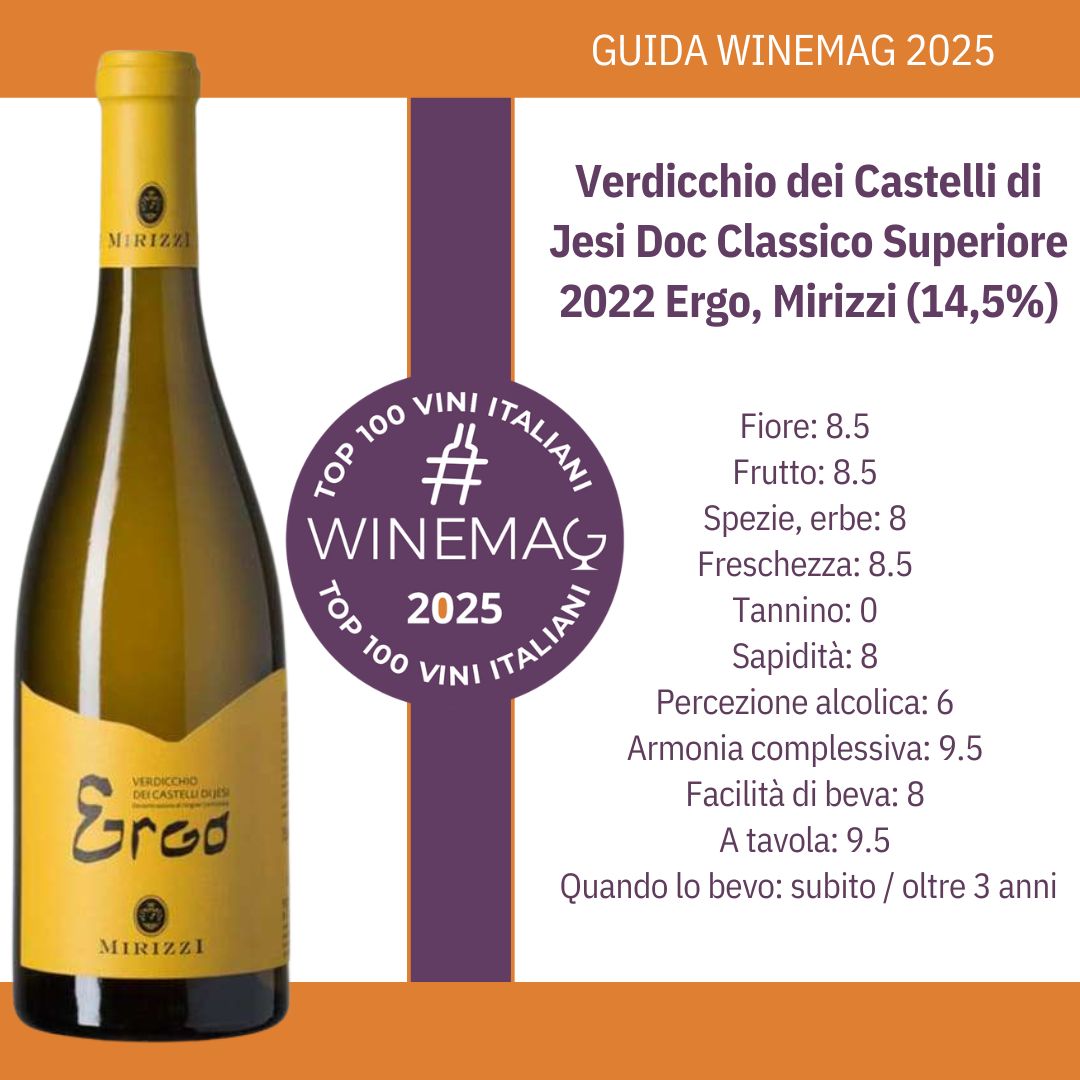 Verdicchio dei Castelli di Jesi Doc Classico Superiore 2022 Ergo, Mirizzi dalla guida top 100 migliori vini italiani winemag.it 2025